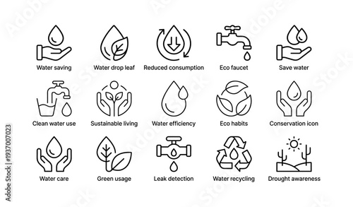 Eco water conservation icons: sustainable usage, efficiency, recycling, care, awareness