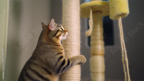 Playful Cat Standing on Hind Legs Grasping a Rope-Covered Scratching Post Near a Yellow Cushion on a Wooden Wall Background – Profile View Photo