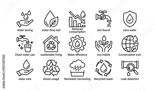 Eco-friendly water conservation icons: sustainable living and efficiency symbols