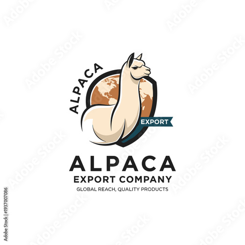 Alpaca mascot logo with a globe and export banner for international trade