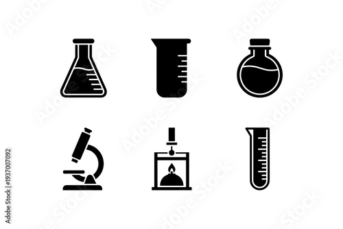 Chemistry laboratory equipment set including erlenmeyer flask beaker round bottom flask microscope alcohol burner and test tube icons for research