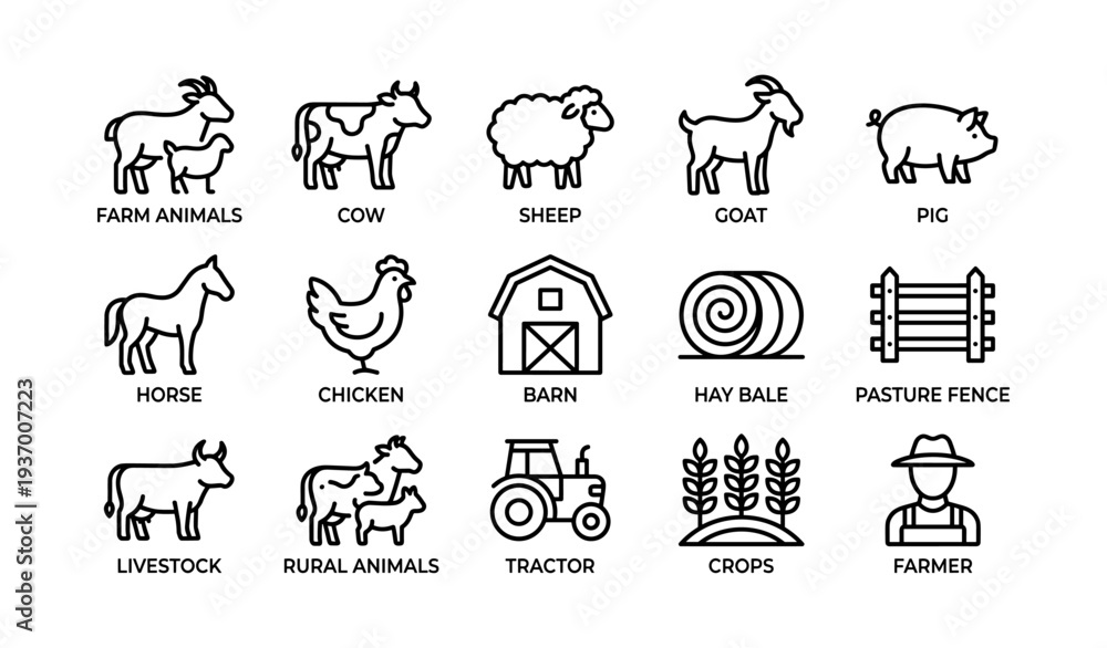 Obraz premium Farm animal icons with livestock, tractor, barn, and crops in simple outline style