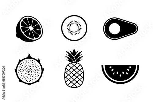 Fresh Fruit Cross Section and Silhouette Icon Set Featuring Lemon Kiwi Avocado Dragon Fruit Pineapple and Watermelon Slice for Healthy Food Design