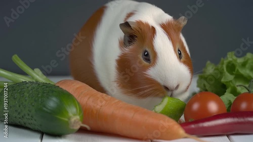 Guinea pig eating vegetables snack on dark grey surface, close-up photo from front view showing healthy snack scene