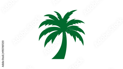A green, stylized palm tree with a curved trunk and feathery leaves against a white backdrop