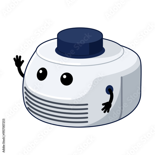 Cute cartoon character of a smart home air purifier device with friendly face and waving hand isolated on white background for children education and mascots.