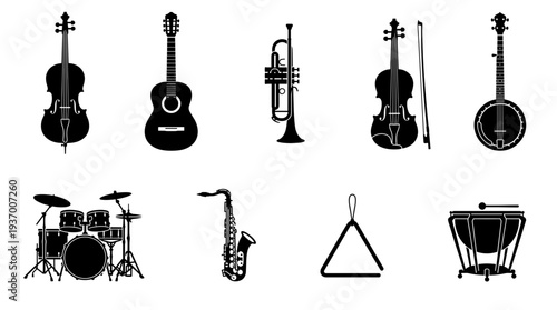 Large collection of musical instrument silhouettes including violin, guitar, trumpet, banjo, drums, saxophone, triangle and timpani for orchestra and band.