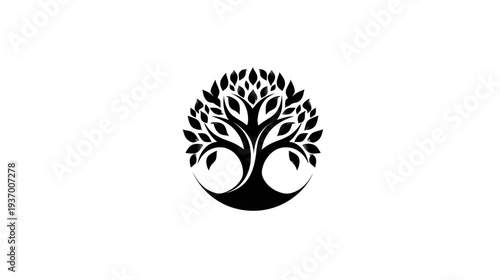 A simple, black tree graphic with leaves, set against a stark white background
