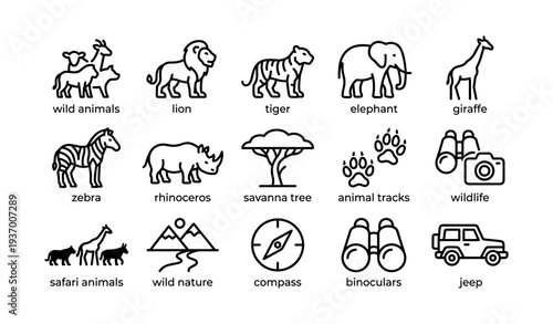 Wild safari icons: lions, tigers, elephants, giraffes, zebras, and more