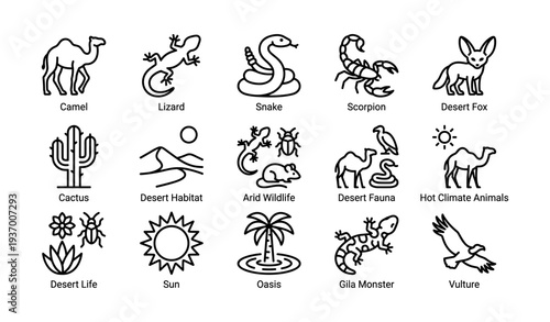 Desert animal icons: camel, lizard, snake, scorpion, fox