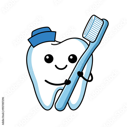Happy cartoon tooth character holding a large toothbrush and wearing a blue sailor hat for dental health education and kids oral hygiene awareness.