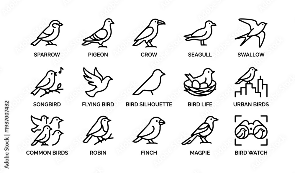 Naklejka premium Icon set of various birds including sparrow, pigeon, crow, and more
