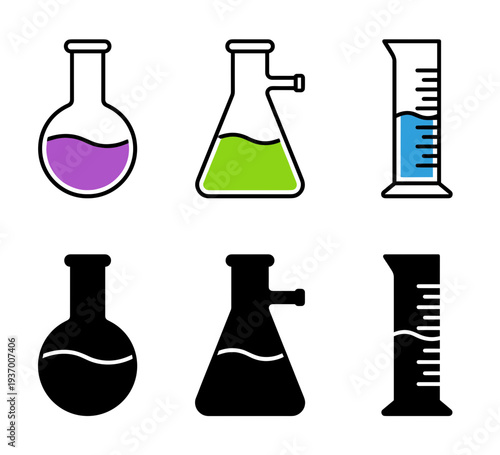 Laboratory glassware icons set with colorful chemical liquids in round flask, erlenmeyer flask and graduated cylinder for science and medical research design.