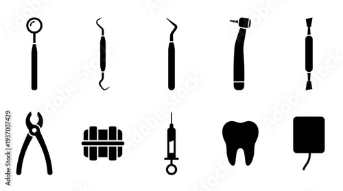 Professional dental equipment and dentist tools black silhouettes set including mirror, probe, drill, forceps, syringe, tooth and dental floss for healthcare.