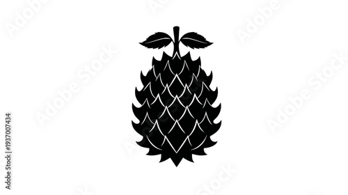 A monochrome illustration of a pinecone with leaves, set against a stark white backdrop