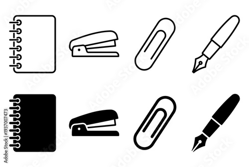 Office stationery supplies set including spiral notebook, stapler, paper clip and fountain pen icons in outline and solid black silhouette styles for business.