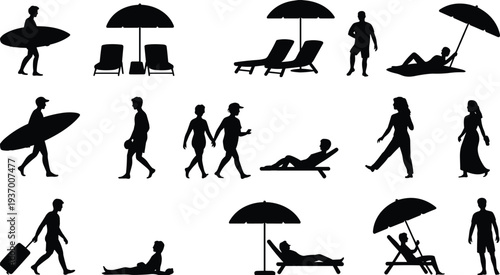 Beach people silhouette collection summer vacation tourists surfing walking relaxing vector illustration set design