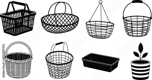 Basket silhouettes collection, wicker and wire storage containers isolated on white background household illustration set