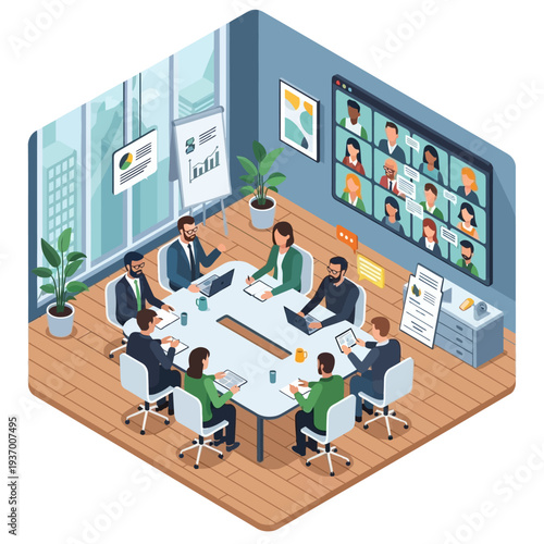 Business meeting with remote participants in a modern office.