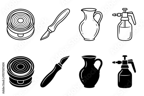 Household and medical tool icons including petri dish surgical scalpel ceramic jug and pressure sprayer in line and silhouette styles for various usage.