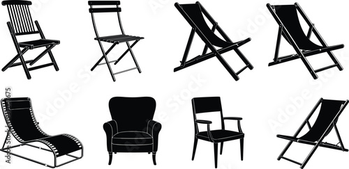 Chair silhouettes collection set, folding lounge and armchair furniture isolated seating illustration pack for interior design