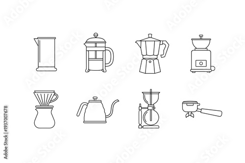 Coffee brewing equipment line icons including french press moka pot grinder pour over dripper gooseneck kettle syphon and portafilter for cafe design.