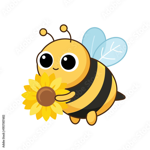 Cute cartoon honey bee illustration holding a sunflower with big eyes and friendly expression for children education or organic product mascot design.