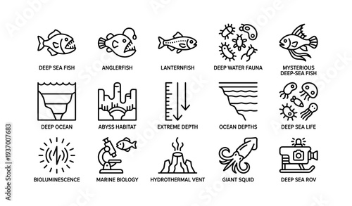 Deep sea creatures and exploration icons: anglerfish, lanternfish, hydrothermal vents, marine biology