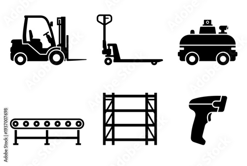 Logistics and warehouse equipment icons including forklift pallet jack autonomous robot conveyor belt shelving and barcode scanner for industrial service.