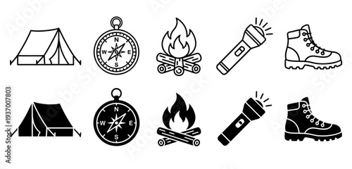 Camping essentials set featuring tent compass campfire flashlight and hiking boot in outline and silhouette styles for summer camp and outdoor activity