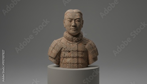 Fragmented Terracotta Warrior Statue Bust Displayed on Pedestal