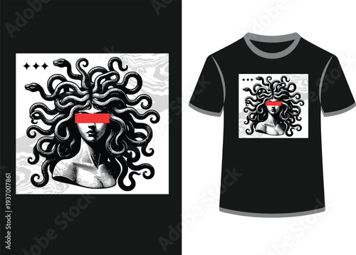 Abstract medusa t-shirt design with snakes for hair, red blindfold, and marbled background