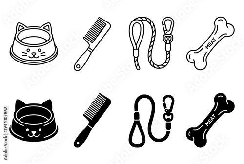 Pet Care Accessories Icon Set with Cat Food Bowl Hair Comb Grooming Brush Leash and Dog Bone in Line Art and Solid Styles for Domestic Animal Supplies