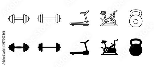 Fitness and Gym Equipment Icon Collection Featuring Dumbbell Barbell Treadmill Exercise Bike and Kettlebell in Outline and Solid Vector Styles for Sports