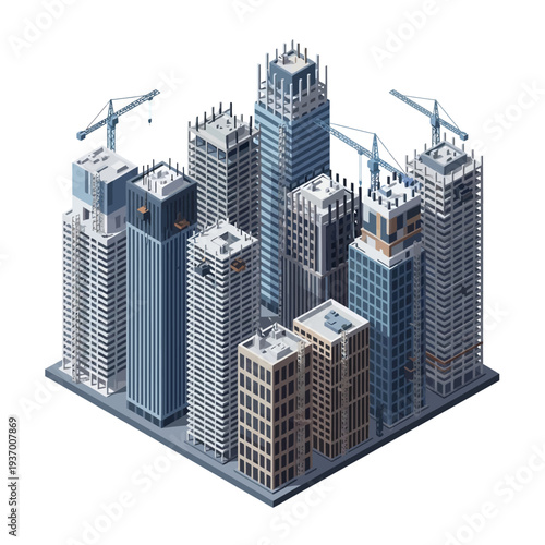 3D rendering of modern cityscape with skyscrapers under construction.