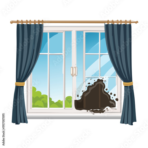 Window with dark substance and blue curtains illustration