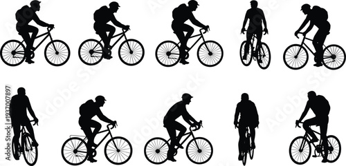Cyclist silhouettes collection, various bicycle riding poses isolated on white background for active lifestyle design