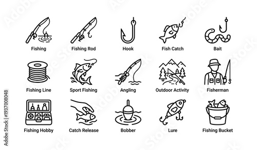 Fishing icons collection: rod, hook, fish, bait, fisherman, bucket, lure, bobber