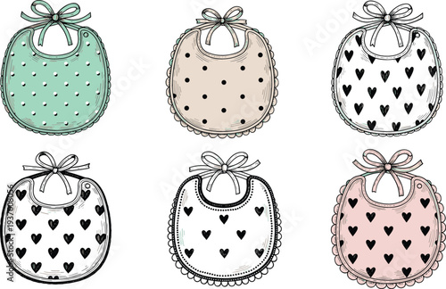 Elegant collection of various baby bib illustrations featuring cute polka dots and heart patterns with decorative bows isolated on white background for infant apparel design.