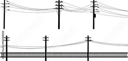 Electric power line poles silhouettes utility wires infrastructure collection isolated power line poles silhouettes utility wires infrastructure collection isolated vector illustration black white set