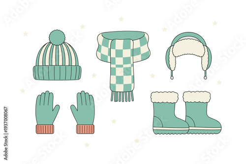 Winter clothing and accessories set including knitted hat checkered scarf earmuffs gloves and boots in teal color palette for cold weather fashion