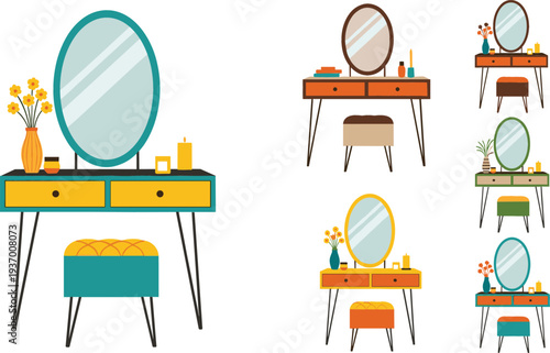 Elegant mid century modern dressing table collection with oval mirrors and matching vanity stools featuring colorful furniture sets for bedroom interior design projects.