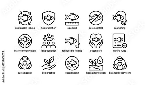 Marine conservation icons for sustainable and responsible fishing practices