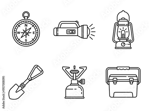 Outdoor camping and hiking gear collection featuring compass flashlight lantern shovel portable stove and cooler box line icons for adventure travel