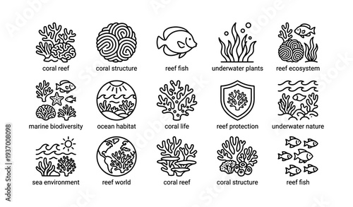 Coral reef and marine ecosystem icons featuring fish and plants