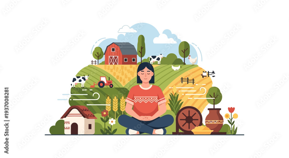 Fototapeta premium Peaceful Woman Meditating in Rural Farm Landscape. Flat Vector Illustration of Sustainable Living, Agriculture, and Mindfulness Concept.