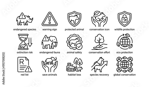 Conservation icons collection featuring wildlife protection and endangered species