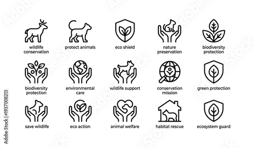 Wildlife conservation icons: eco shield and animal protection symbols