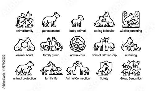 Animal family icons depicting bond, care, protection, and nurturing