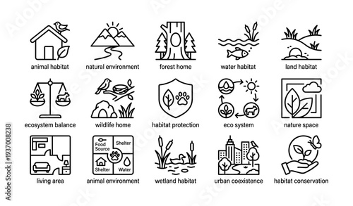 Icons depicting diverse habitats and environmental conservation concepts
